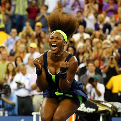 NEW YORK, NY - SEPTEMBER 09: Serena Williams of the United States celebrates match point after defeating Victoria Azarenka of Belarus to win the women's singles final match on Day Fourteen of the 2012 US Open at USTA Billie Jean King National Tennis Center on September 9, 2012 in the Flushing neighborhood of the Queens borough of New York City. (Photo by Al Bello/Getty Images)