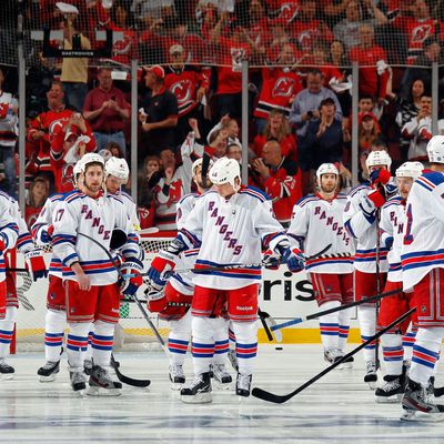 The New York Rangers look on after losing Game Six of the Eastern Conference Final during the 2012 NHL Stanley Cup Playoffs