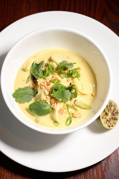 Scallop sausage curry with water chestnuts and charred scallions, $17