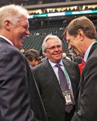 ST PAUL, MN - JUNE 24: (L-R) Assistant General Manager Jim Schoenfeld of the New York Rangers, General Manager Glen Sather of the New York Rangers and General Manager David Poile of the Nashville Predators share a laugh during day one of the 2011 NHL Entry Draft at Xcel Energy Center on June 24, 2011 in St Paul, Minnesota. (Photo by Bruce Bennett/Getty Images)