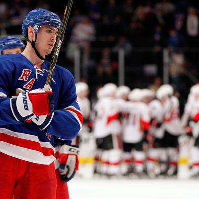 NEW YORK, NY - APRIL 21: Chris Kreider #20 of the New York Rangers skates off the ice after being defeated by the Ottawa Senators in Game Five of the Eastern Conference Quarterfinals during the 2012 NHL Stanley Cup Playoffs at Madison Square Garden on April 21, 2012 in New York City. The Ottawa Senators defeated the New York Rangers 2-0. (Photo by Mike Stobe/Getty Images)