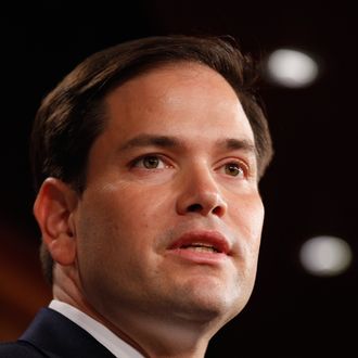 WASHINGTON, DC - MAY 10: Sen. Marco Rubio (R-FL) speaks during a news conference where he and other Republican Senators introduced a balanced budget proposal at the U.S. Capitol May 10, 2011 in Washington, DC. The proposal will balance the federal budget by 2020, according to its author Sen. Pat Toomey (R-PA). (Photo by Chip Somodevilla/Getty Images) *** Local Caption *** Marco Rubio;