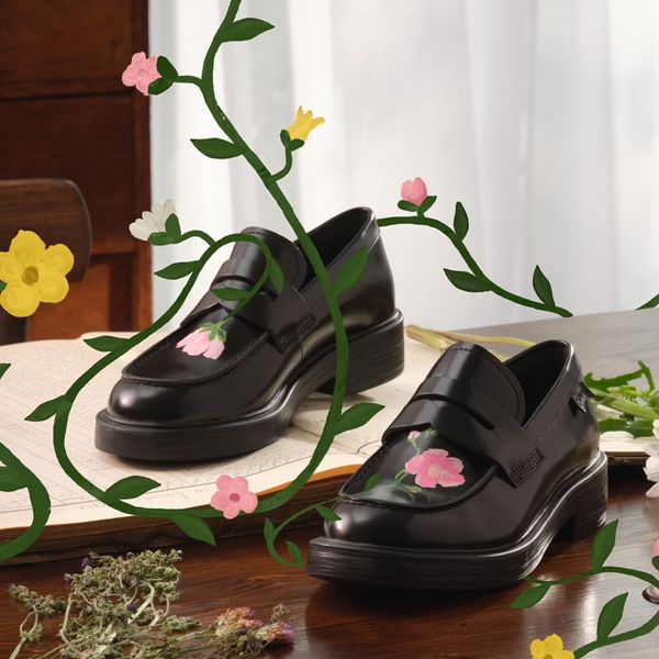 Camper Men’s Twins Black Leather Moccasins With Flowers