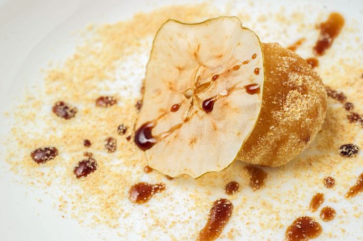The glutinous rice and sweet-potato cake dessert is inspired by the Sichuan street snack.