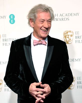 British actor Ian McKellen poses for photographs during the BAFTA British Academy Film Awards at the Royal Opera House in London on February 10, 2013.