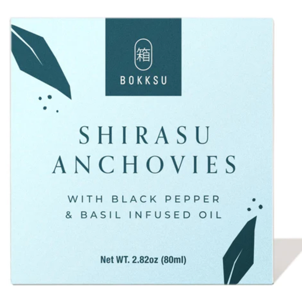 Bokksu Tinned Shirasu Anchovies with Black Pepper and Basil-Infused Oil