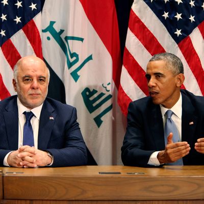 U.S. President Barack Obama (R) holds a bilateral meeting with Prime Minister of Iraq Haider al-Abadi during the 69th United Nations General Assembly at United Nations Headquarters on September 24, 2014 in New York City. The annual event brings political leaders from around the globe together to report on issues meet and look for solutions. This year's General Assembly has highlighted the problem of global warming and how countries need to strive to reduce greenhouse gas emissions.