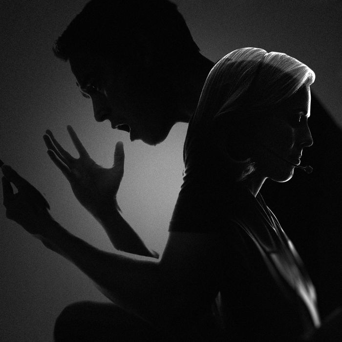 A photo illustration shows a man speaking into a cellphone with his hands thrown up as a woman wearing a headset listens.