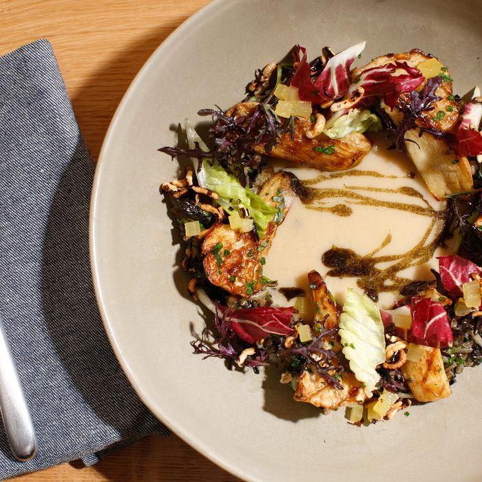 Grilled nebrodini mushrooms with wild rice, chestnuts, sunchokes, mustard, and apples.