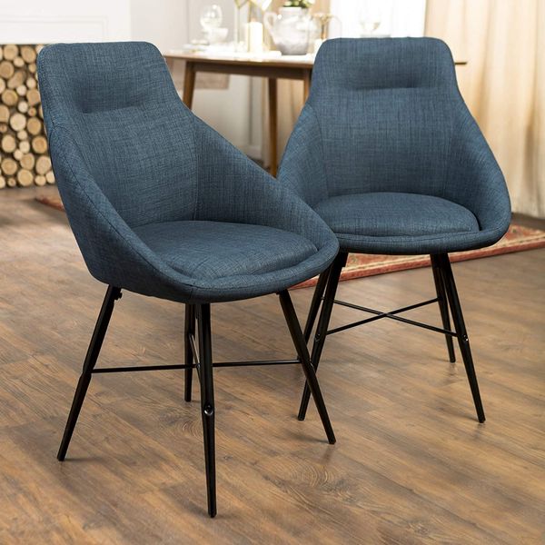 Walker Edison Furniture Company Mid Century Modern Upholstered Fabric Dining Room Chairs, Set of 2, Blue