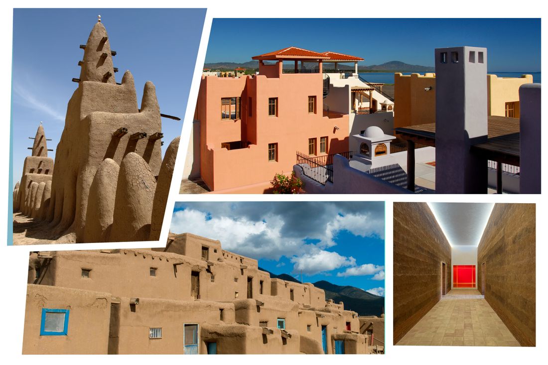 Clockwise from left: a mosque in Djenné, Mali; Loreto Bay in Mexico; detail of mansion by Juan José Santibañez; Taos Pueblo,