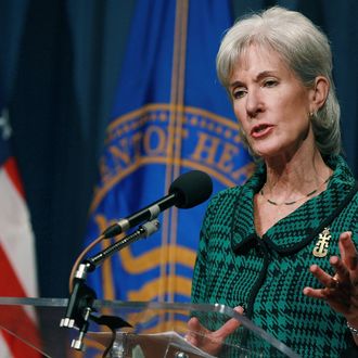 WASHINGTON, DC - NOVEMBER 14: Health and Human Services Secretary Kathleen Sebelius speaks during a news conference, on November 14, 2011 in Washington, DC. Secretary Sebelius announced a one billion dollar health care challenge to be awarded to innovative projects that test creative ways to deliver high quality health care at lower costs. (Photo by Mark Wilson/Getty Images)