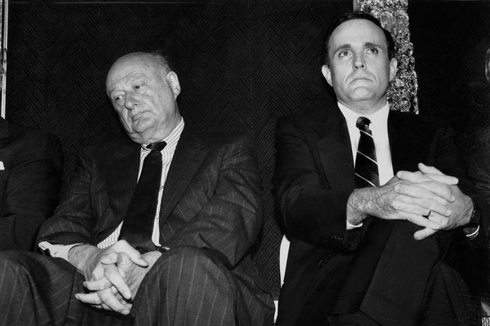 Mayor Ed Koch (l) and Rudy Giuliani attend ethics signing.