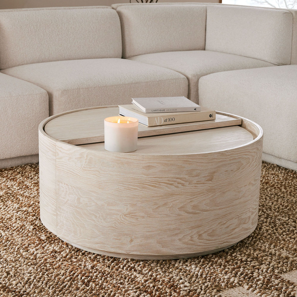 West Elm Volume Round Storage Drum Coffee Table - Winter Wood, 36