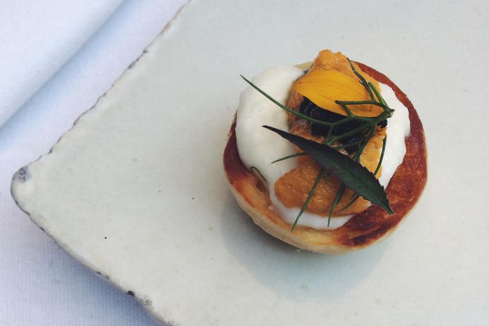 One of Alma's signatures: an English muffin topped with burrata, uni, and caviar.