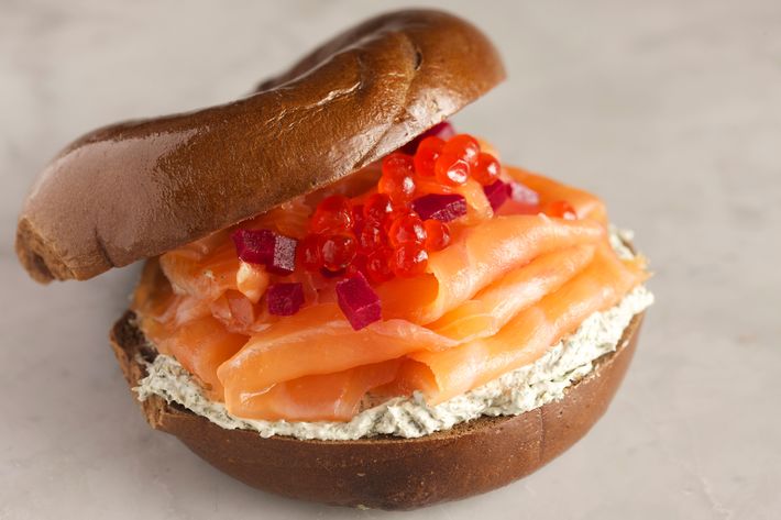 Go for the Czar: sliced nova, pickled beets, salmon roe, and parsley-dill cream cheese on a pumpernickel bagel.