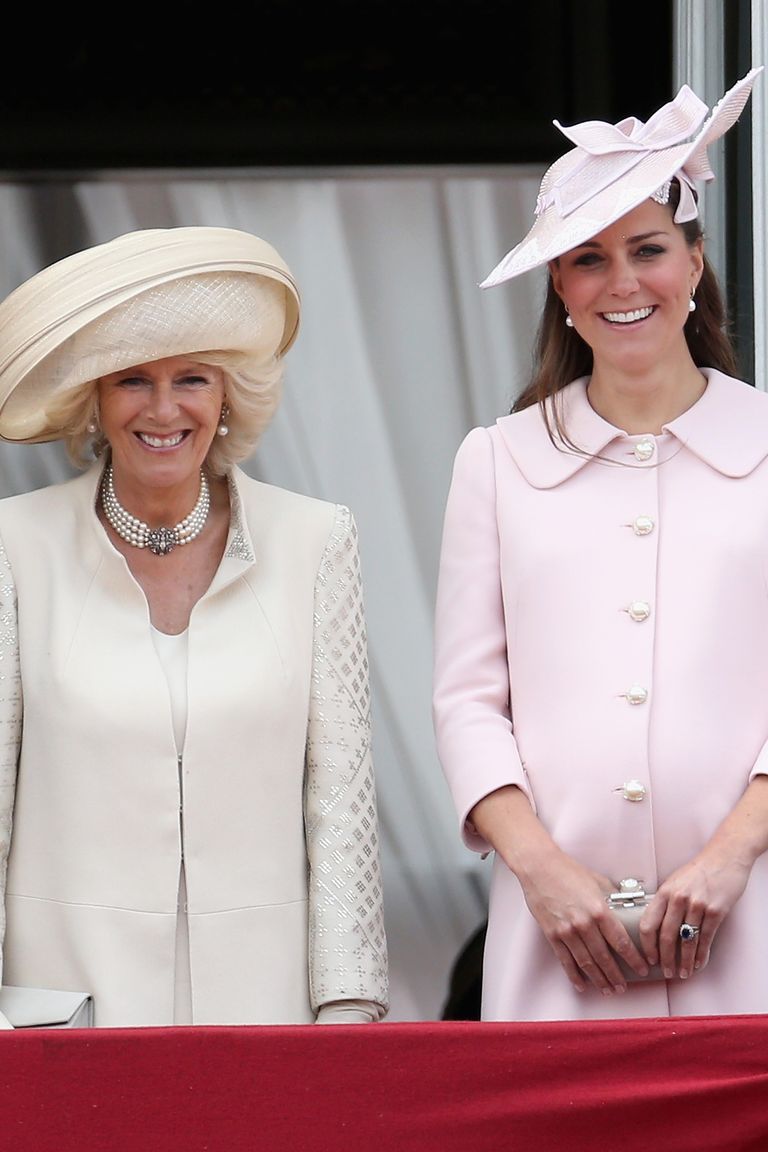 LONDON, ENGLAND - JUNE 15:  Camilla, Duchess of Cornwall and Catherine, Duchess of Cambridge laugh on the balcony of Buckingham Palace during the annual Trooping the Colour Ceremony on June 15, 2013 in London, England. Today’s ceremony which marks the Queens official birthday will not be attended by Prince Philip the Duke of Edinburgh as he recuperates from abdominal surgery and will also be The Duchess of Cambridge’s last public engagement before her baby is due to be born next month.  (Photo by Chris Jackson/Getty Images)