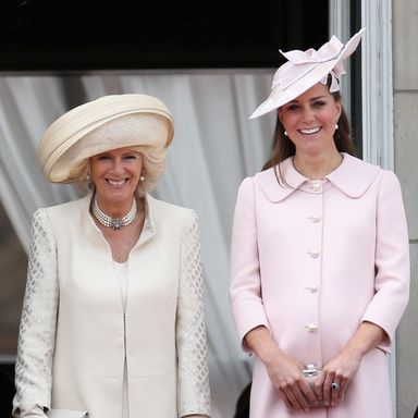 LONDON, ENGLAND - JUNE 15:  Camilla, Duchess of Cornwall and Catherine, Duchess of Cambridge laugh on the balcony of Buckingham Palace during the annual Trooping the Colour Ceremony on June 15, 2013 in London, England. Today’s ceremony which marks the Queens official birthday will not be attended by Prince Philip the Duke of Edinburgh as he recuperates from abdominal surgery and will also be The Duchess of Cambridge’s last public engagement before her baby is due to be born next month.  (Photo by Chris Jackson/Getty Images)