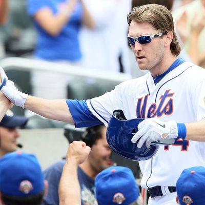 NEW YORK, NY - SEPTEMBER 22: Jason Bay #44 of the New York Mets celebrates a home run with teammates against the Miami Marlins at Citi Field on September 22, 2012 in the Flushing neighborhood of the Queens borough of New York City. (Photo by Alex Trautwig/Getty Images)