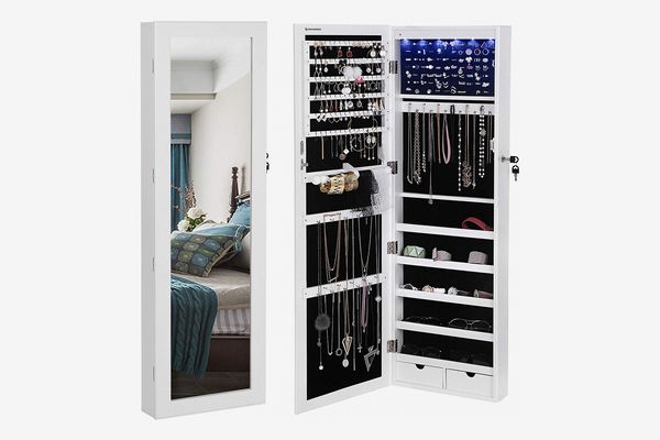 Songmics LED Mirror Jewelry Cabinet With Lockable Wall/Door Mounted Jewelry Armoire Organizer