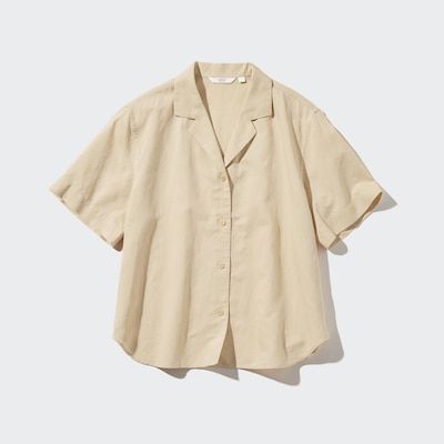Uniqlo Linen Blend Open Collar Short-Sleeve Shirt