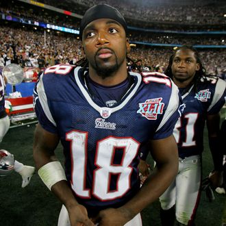 Donte Stallworth #18 of the New England Patriots walks off the field after losing to the New York Giants 17-14 in Super Bowl XLII on February 3, 2008 at the University of Phoenix Stadium in Glendale, Arizona. 