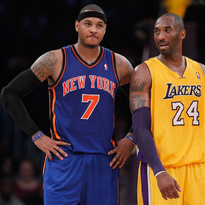 LOS ANGELES, CA - DECEMBER 29: Carmelo Anthony #7 of the New York Knicks and Kobe Bryant #24 of the Los Angeles Lakers talk during the first half at Staples Center on December 29, 2011 in Los Angeles, California. NOTE TO USER: User expressly acknowledges and agrees that, by downloading and or using this photograph, User is consenting to the terms and conditions of the Getty Images License Agreement. (Photo by Jeff Gross/Getty Images)