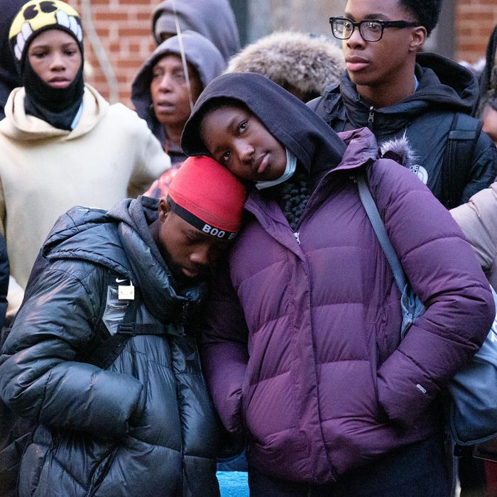 Mourners attend a memorial for slain 13-year-old Troy Gill in Crown Heights on March 5.