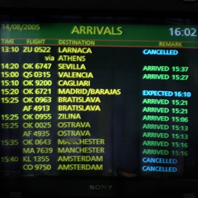 Prague, CZECH REPUBLIC: A picture taken 14 August 2005 at Prague airport shows a screen announcing that Helios flight ZU 0522 from Larnaca to Prague via Athens was cancelled. A Cypriot official said first indications from the Greek authorities were that the crash of a Cypriot airliner near Athens on Sunday was not the result of a terror attack. 