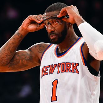 Amar'e Stoudemire #1 of the New York Knicks looks on during a game against the Atlanta Hawks at Madison Square Garden on November 10, 2014 in New York City. 