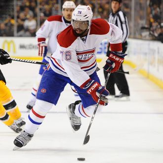  P.K. Subban #76 of the Montreal Canadiens skates with the puck against Daniel Paille #20 of the Boston Bruins in Game Two of the Second Round of the 2014 Stanley Cup Playoffs at TD Garden on May 3, 2014 in Boston, Massachusetts. 