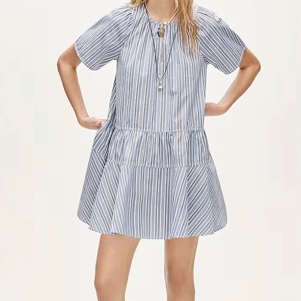 J.Crew Tiered Popover Dress in Striped Cotton Poplin