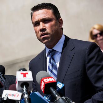 NEW YORK, NY - APRIL 28: U.S. Representative Michael Grimm (R-NY, 11th District) speaks at a press conference after leaving Brooklyn Federal Court where he was indicted on 20 counts on April 28, 2014 in the Brooklyn borough of New York City. Grimm's indictments include wire fraud, mail fraud, conspiring to defraud the United States, impeding the Internal Revenue Service, hiring and employing unauthorized aliens, and health care fraud. (Photo by Andrew Burton/Getty Images)