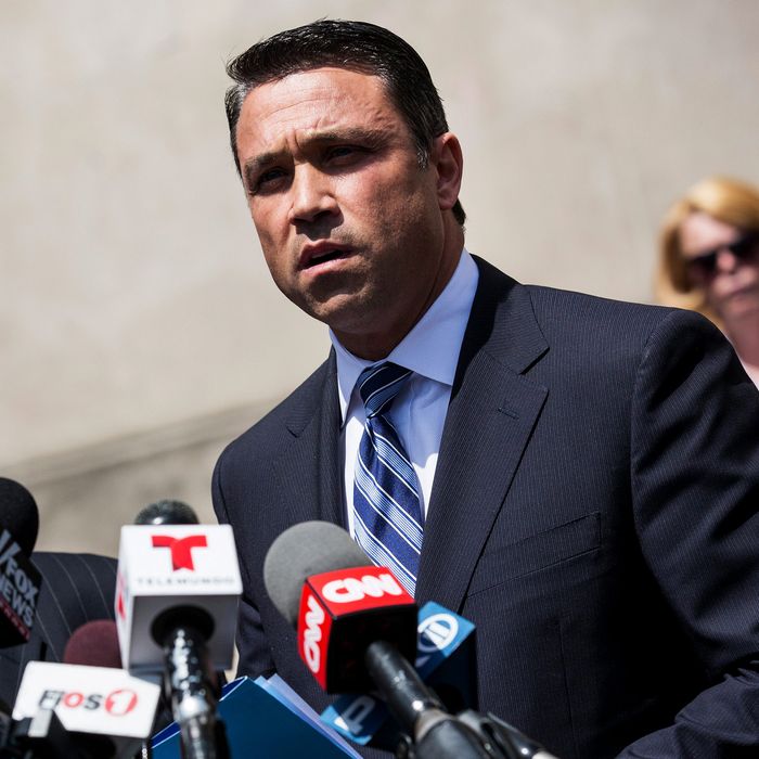 NEW YORK, NY - APRIL 28: U.S. Representative Michael Grimm (R-NY, 11th District) speaks at a press conference after leaving Brooklyn Federal Court where he was indicted on 20 counts on April 28, 2014 in the Brooklyn borough of New York City. Grimm's indictments include wire fraud, mail fraud, conspiring to defraud the United States, impeding the Internal Revenue Service, hiring and employing unauthorized aliens, and health care fraud. (Photo by Andrew Burton/Getty Images)