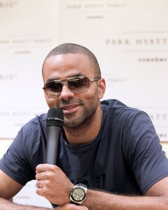 French basket-ball player Tony Parker gives a press conference on June 15, 2012 in Paris, before taking part in the preparation of the French basket-ball team for the 2012 London Olympics Games.