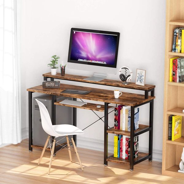 Noblewell Computer Desk With Monitor Stand, Storage Shelves, Keyboard Tray
