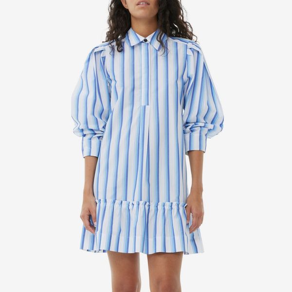 Ganni Blue Striped Cotton Mini Shirtdress