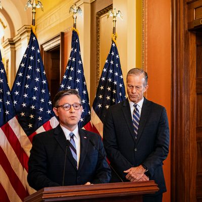 From left, House Speaker Mike Johnson (R-La.) and Senate Majority Leader John Thune (R-S.D.) meet with reporters for a joint news conference outside Johnson’s office on Capitol Hill in Washington on Thursday morning, April 10, 2025. (Haiyun Jiang/The New Y