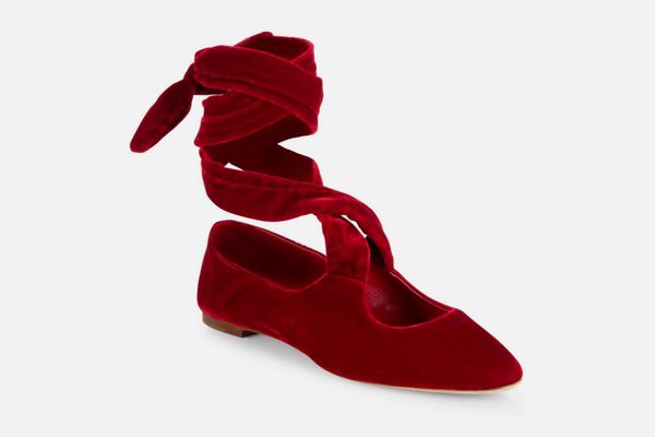 The Row Elodie Velvet Ankle-Wrap Ballet Flats