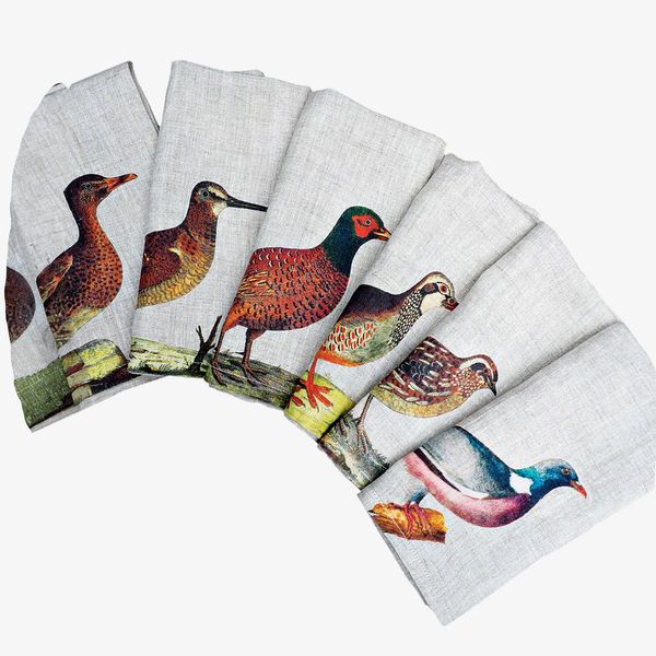 Linoroom Wild Birds Rustic Cloth Napkins from Pure Linen - Set of 6