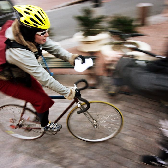 A bicycle messenger rides during Monster Track 2006 March 4, 2006 in New York City. Monster Track is an illegal bike race throughout New York City for bicycle messengers that involves racing from checkpoint to checkpoint on bikes with no brakes. 