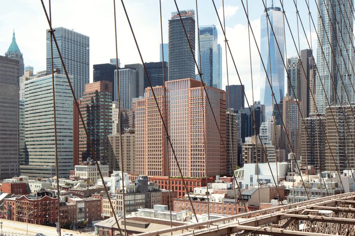 The future 250 Water Street as it will appear from the Brooklyn Bridge pedestrian promenade.