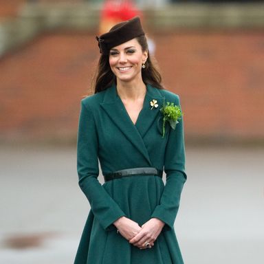 ALDERSHOT, ENGLAND - MARCH 17: Catherine, Duchess of Cambridge takes part in a St Patrick’s Day parade as she visits Aldershot Barracks on St Patrick’s Day on March 17, 2012 in Aldershot, England. The Duchess presented shamrocks to the Irish Guards at a St Patrick’s Day parade during her visit. (Photo by Samir Hussein/WireImage)