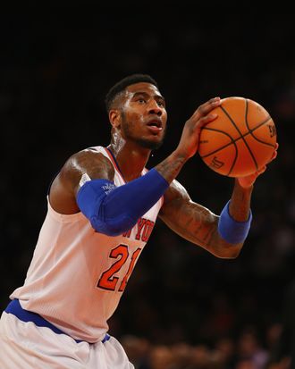 Iman Shumpert #21 of the New York Knicks takes a fouls shot against the Detroit Pistons during their game at Madison Square Garden on January 7, 2014 in New York City. 