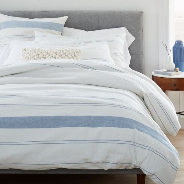 West Elm Hemp & Cotton Serene Stripes Duvet Cover & Shams - Natural/Blue Haze