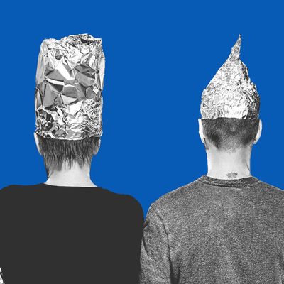 Three people and a dog with backs to camera wearing tin foil hats, with blue sky in the background.