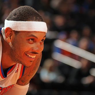 Carmelo Anthony #7 of the New York Knicks awaits a foul shot in a game against the Chicago Bulls on January 11, 2013 at Madison Square Garden in New York City. 