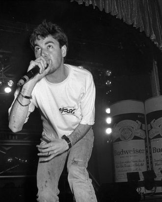 MCA (Adam Yauch) of the hip hop group the Beastie Boys performs live on February 2, 1987 in Los Angeles, California.
