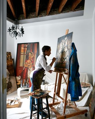 Columba at work in her partially-renovated studio.