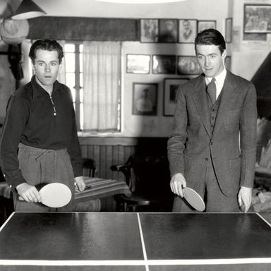 Henry Fonda and Jimmy Stewart playing table tennis, 1937.
